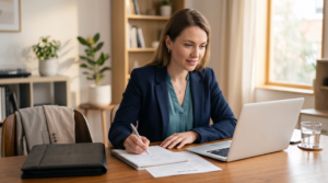 Candidate reviewing notes and preparing confidently for a job interview.
