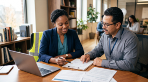 Professional identifying transferable skills for a new career opportunity.